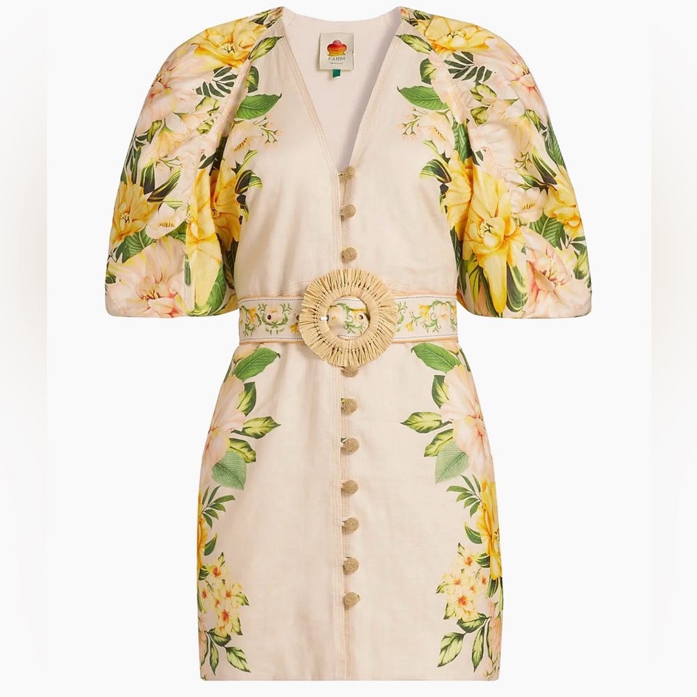 NWOT FARM Rio Cream Garden Cascade Mini Dress with Yellow Floral Print
